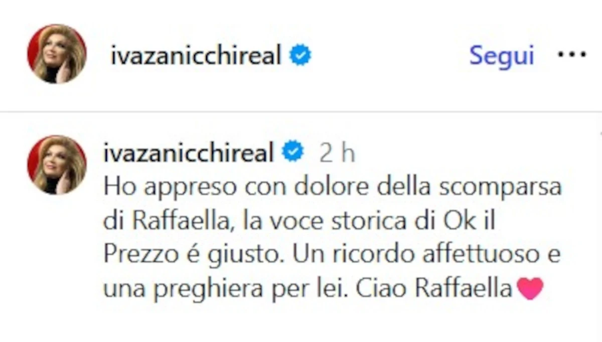 Post social di Iva Zanicchi con l'annuncio della morte di Raffaella Bragazzi