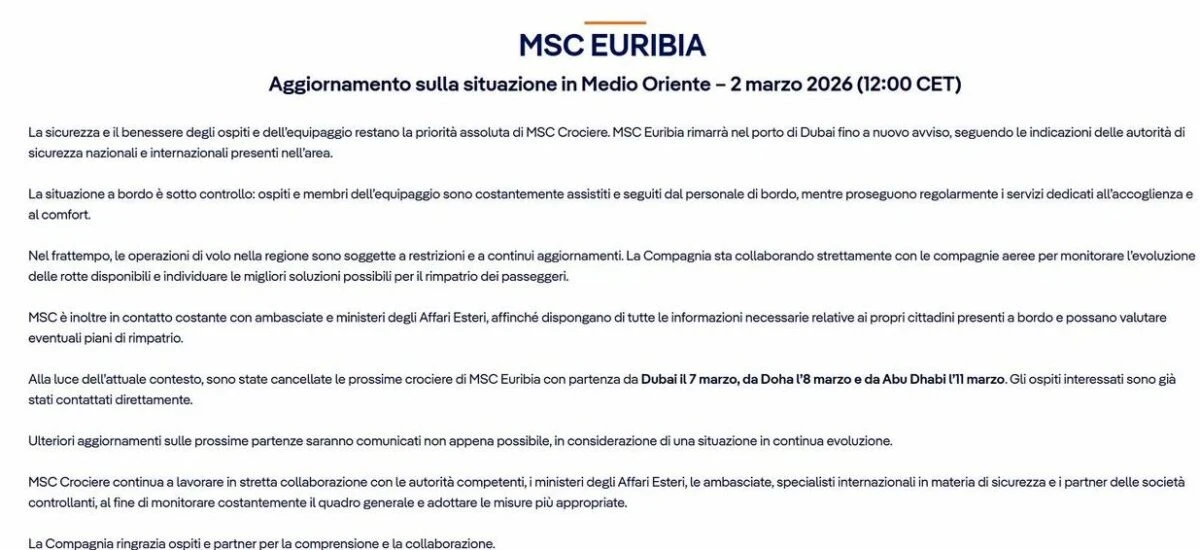 La nave da crociera MSC Euribia: a bordo 563 italiani bloccati a Dubai