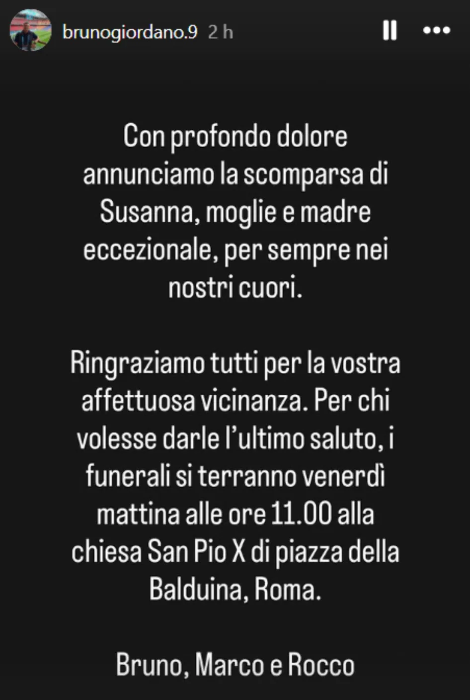 Addio Susanna: il calcio piange la moglie di Bruno Giordano, il messaggio sui social